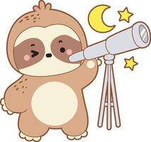A sloth see the moon with telescope. Cute sloth icon. Funny baby sloth animal series stock illustration. Slow life of fluffy sloth designs. vector