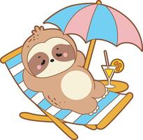A sloth relaxing in the beach with orange juice. Cute sloth icon. Funny baby sloth animal series stock illustration. Slow life of fluffy sloth designs. vector