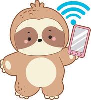 A sloth bring a phone finding a signal internet. Cute sloth icon. Funny baby sloth animal series stock illustration. Slow life of fluffy sloth designs. vector