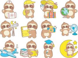 Many smart elements of cute sloth. Cute sloth icon. Funny baby sloth animal series stock illustration. Slow life of fluffy sloth designs. vector