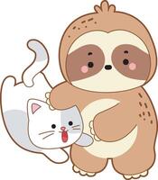 A sloth playing with kitty. Cute sloth icon. Funny baby sloth animal series stock illustration. Slow life of fluffy sloth designs. vector