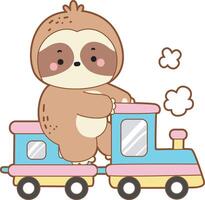 A sloth riding a train in the rails. Cute sloth icon. Funny baby sloth animal series stock illustration. Slow life of fluffy sloth designs. vector