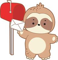 A sloth send messages by mail box. Cute sloth icon. Funny baby sloth animal series stock illustration. Slow life of fluffy sloth designs. vector