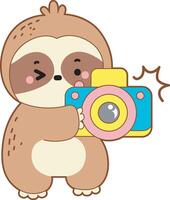 A sloth take a photo with camera. Cute sloth icon. Funny baby sloth animal series stock illustration. Slow life of fluffy sloth designs. vector