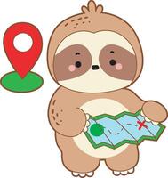A sloth see the maps for find location. Cute sloth icon. Funny baby sloth animal series stock illustration. Slow life of fluffy sloth designs. vector