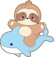 A sloth riding a shark in the ocean. Cute sloth icon. Funny baby sloth animal series stock illustration. Slow life of fluffy sloth designs. vector