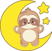 A sloth happy in the moon and stars. Cute sloth icon. Funny baby sloth animal series stock illustration. Slow life of fluffy sloth designs. vector