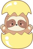 A sloth in the crack of eggs. Cute sloth icon. Funny baby sloth animal series stock illustration. Slow life of fluffy sloth designs. vector