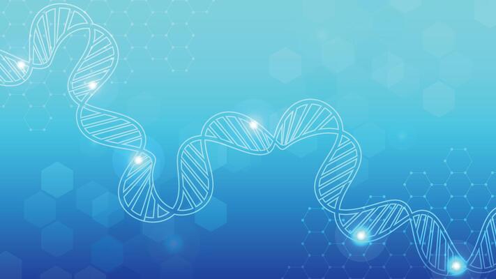 Blue technology science background with dna helix and biology illustration. DNA chromosome. Deoxyribonucleic acid strand ini blue background. Medical and technology science concept