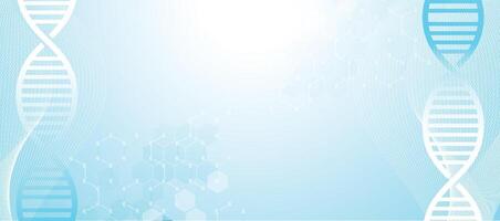 DNA helix blue background. Abstract DNA molecules banner. Abstract hexagonal molecular structures in technology, medical, and science background vector