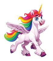 Cheerful unicorn with wings and rainbow mane running joyfully. Cartoon character illustration vector