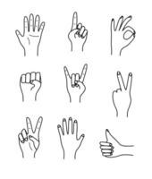 Hand gestures, illustration set of icons of various hand signs thin lines vector