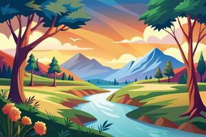 a cartoon landscape with a river and trees vector
