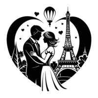 a black and white illustration of a couple kissing in front of the eiffel tower vector