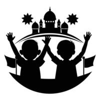 two children with hands raised in front of a mosque vector