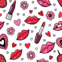 seamless pattern with lips, hearts and flowers vector