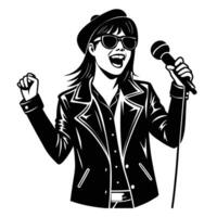 a woman in a leather jacket and sunglasses is singing into a microphone vector