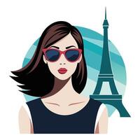 a woman in sunglasses and a black dress with the eiffel tower in the background vector