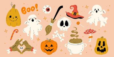 Happy Halloween day elements in hand drawn style. Cute collection of pumpkin, skull, zombie hands, cat, ghost. October holiday stickers, design elements set. Isolated flat illustrations vector