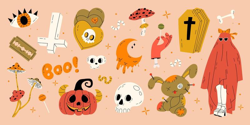 Cute collection of Halloween elements for kids. Set of funny stickers skull, pumpkin, mushrooms, eye, zombie hand, ghost, coffin, bone. October holiday stickers. Isolated flat illustrations