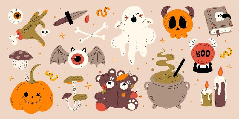 Cute Halloween set for kids with different elements for design. ghost, pumpkin, witchs cauldron, skull, gouged eye, voodoo doll, knife, zombie hand, candles. stock hand drawn illustration.