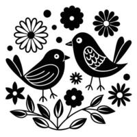 two birds with flowers and leaves in a circle vector