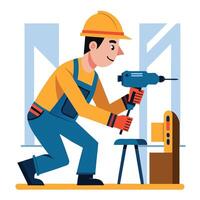 worker with hand drill builder job construction. vector