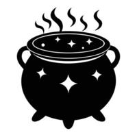a black and white illustration of a cauldron with a pot of boiling water vector