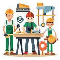 a group of people working on a table with tools vector