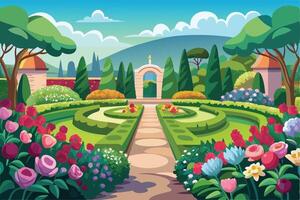 an illustration of a garden with flowers and trees vector