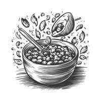 Bowl of cereal with nuts and seeds in hand drawn style vector