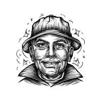 A black and white drawing of a man in a hat vector