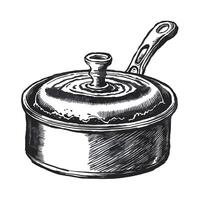 A black and white drawing of a pan with a lid vector