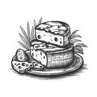 Cheese and bread on a plate, hand drawn sketch vector