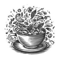 A cup of coffee with beans and nuts on it vector