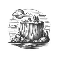 A black and white drawing of a mountain with trees and a lake vector