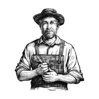 A black and white drawing of a man in an apron vector