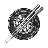 Chopsticks and bowl of noodles in black and white vector