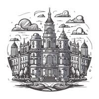A drawing of a castle with a clock tower vector