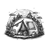 A drawing of a tent with a camping chair and a radio vector