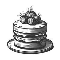 A black and white drawing of a cake with fruit on top vector