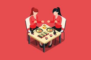 illustration of celebrating Chinese holidays by eating dim sum and noodles for long life, with 3d isometric style Suitable for Infographics, Game Assets and Other Graphic Related Assets vector
