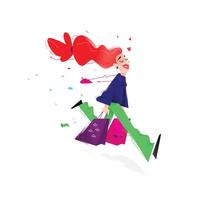 Illustration of a cute girl with shopping. Cute red-haired girl is running with phone and packages. Image is isolated on white background. Flat illustration for print and website. vector