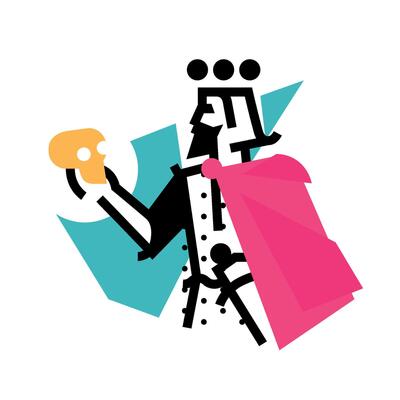 Logo for theatrical studio. Illustration of a Hamlet with a skull. The hero of the works of Shakespeare. The king's character on the stage. Corporate identity. Abstract modern logo.