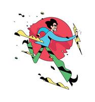 Illustration of a running evil guy. A cute young man is running with heavenly lightning. The character of a male villain. Image is isolated on white background. Comic style. vector