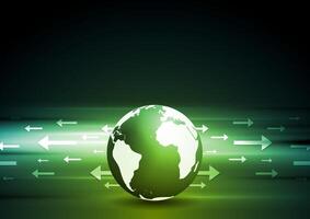 Dark green technology background with globe and arrows vector