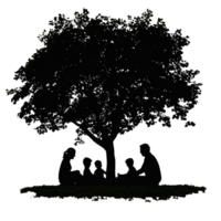 Silhouette of family enjoying picnic under large tree png