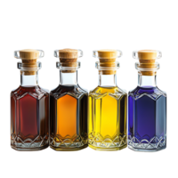 Four bottles of different colored liquids are shown png
