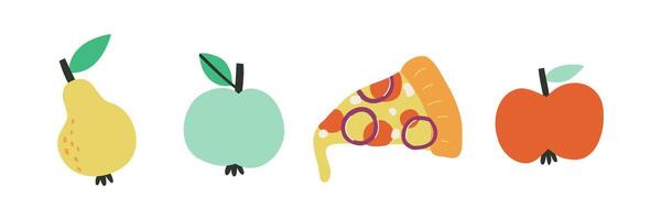 Set with fruits and pizza in flat style. Useful and harmful food. Hand drawn illustration. vector
