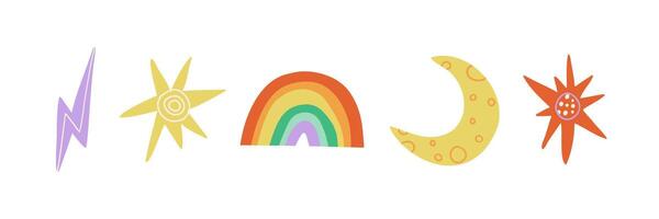 Set with star, rainbow and lightning in flat style. Natural phenomena. Hand drawn illustration. vector
